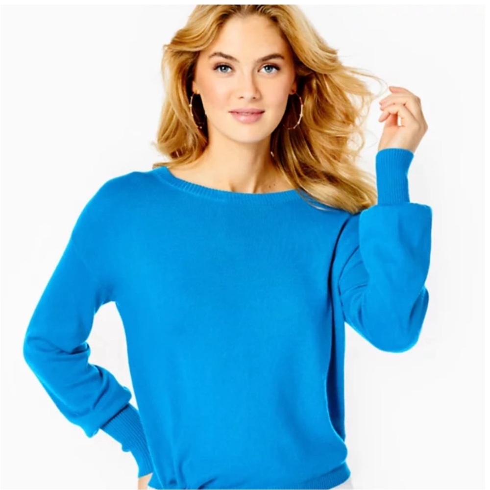 Lilly Pulitzer Nariah in Zanzibar Blue Crew Neck Sweater with side tie